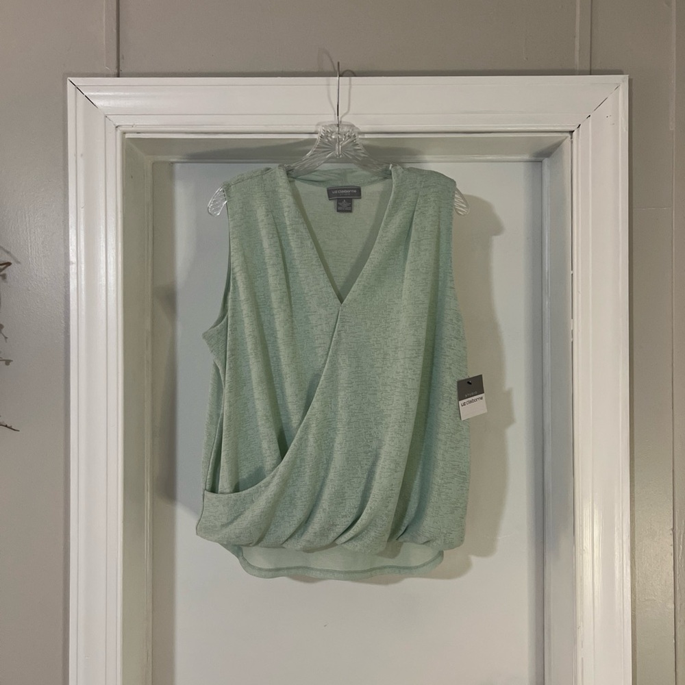 Liz Claiborne Shirt Womens L Sea Green Sleeveless Surplice Wrap Jacquard NWT